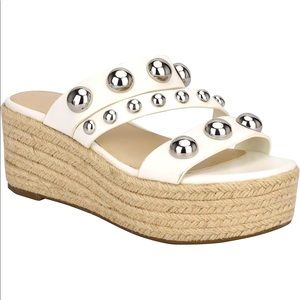 Marc Fisher White Studded Crystal Embellished Espadrilles Flatform Slide Sandals
